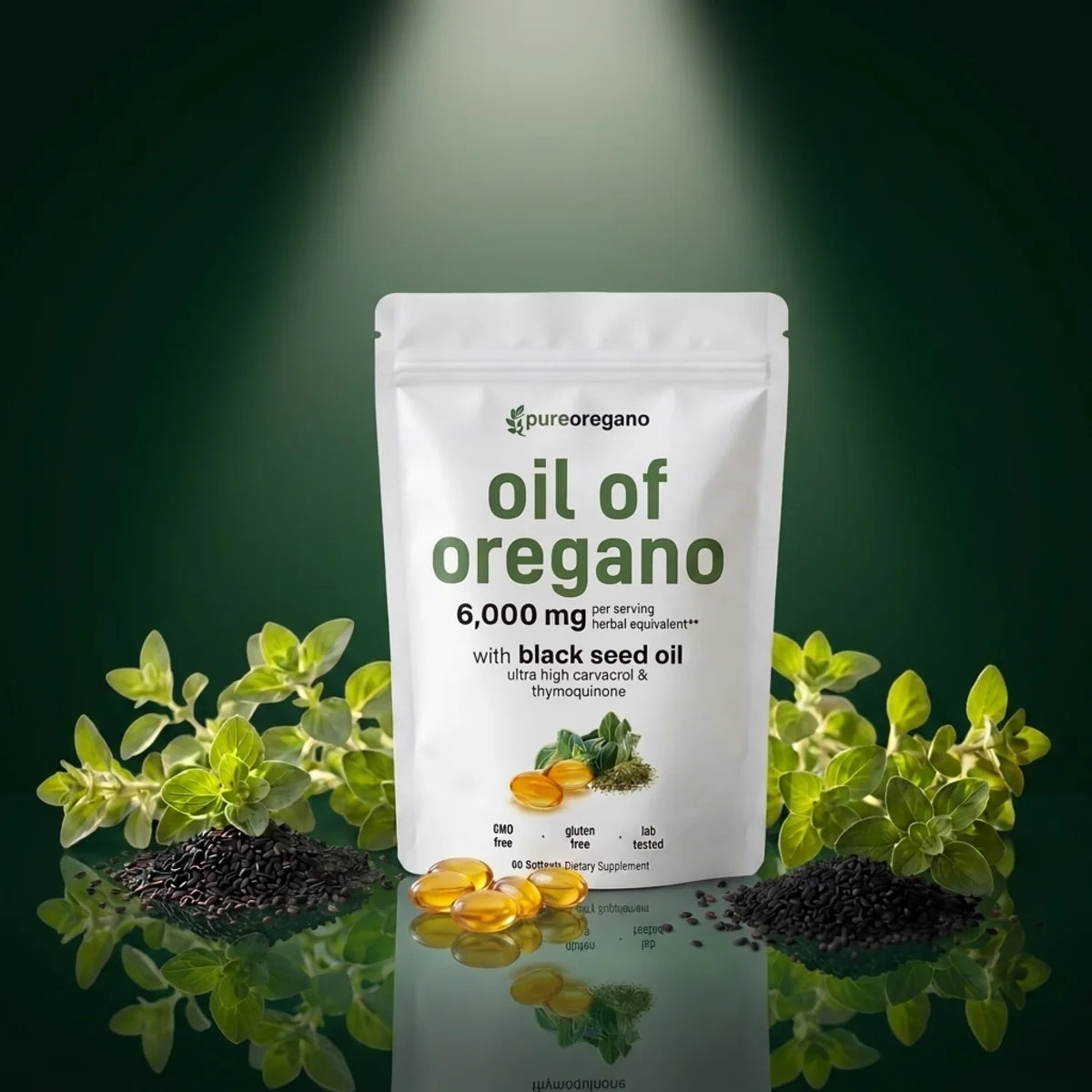 Pure Oregano oil of oregano pouch spotlit on a dark ground, with fresh oregano, black seed and softgels