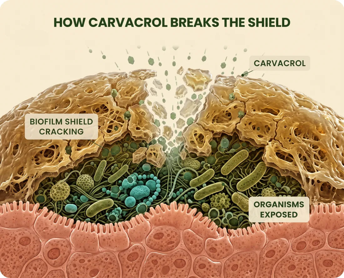 Diagram, “How carvacrol breaks the shield”: a hard biofilm shield fracturing open as labelled carvacrol particles drive through the cracks, exposing the organisms sheltering underneath