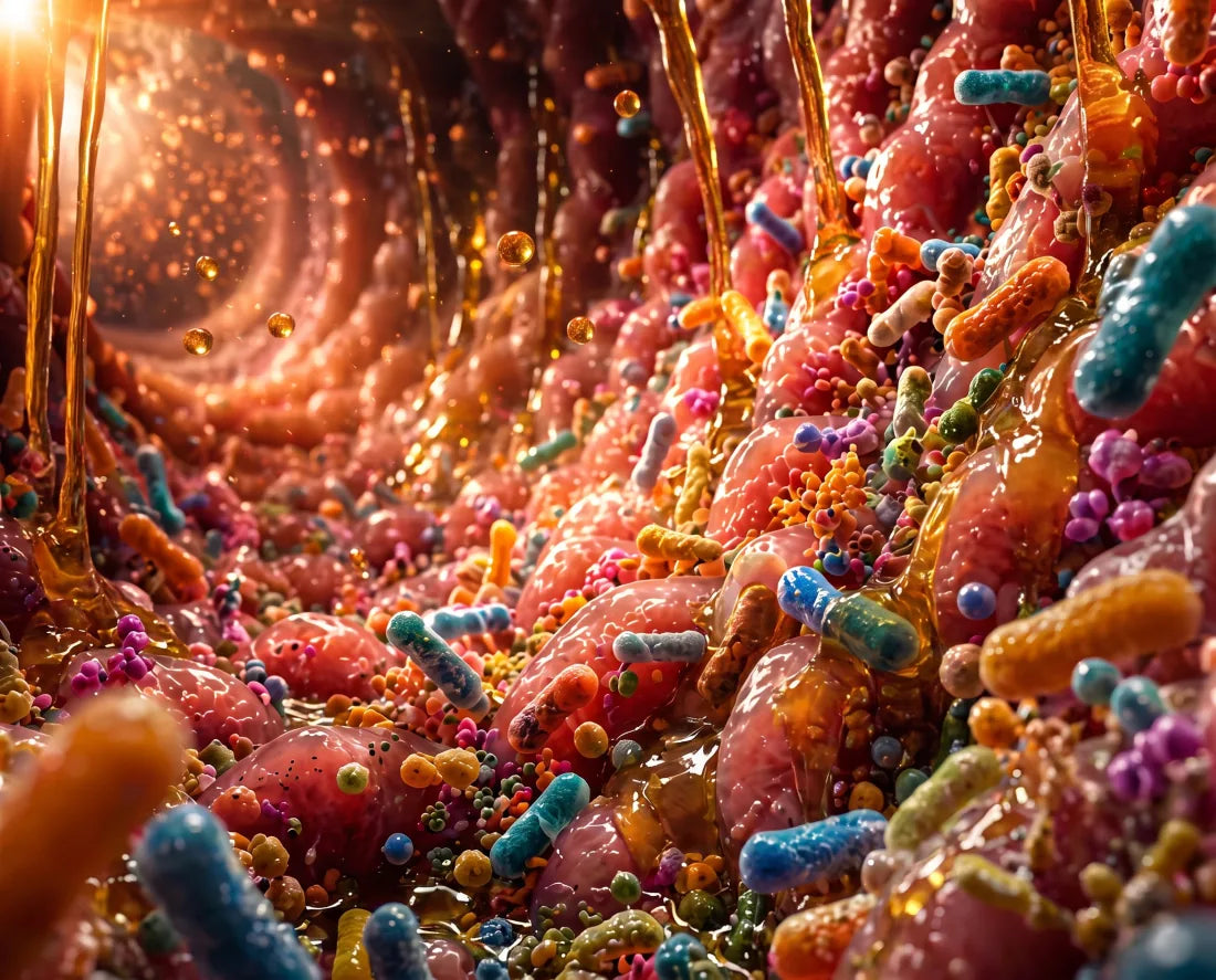 Diagram, “How black seed oil rebuilds good bacteria”: labelled black seed oil settling over a dense carpet of good bacteria thriving along a healthy gut lining