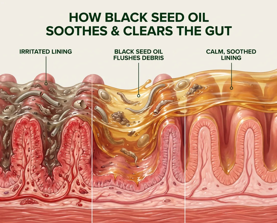 Diagram, “How black seed oil soothes and clears the gut”: a gut lining cross-section labelled from irritated and reddened on the left to calm and evenly toned on the right as black seed oil flows across it