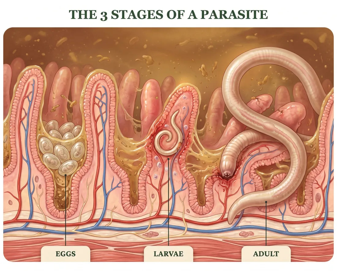 Diagram, “The 3 stages of a parasite”: gut tissue carrying a cluster of eggs, a coiled larva and a grown adult worm, each one labelled — the stages carvacrol reaches