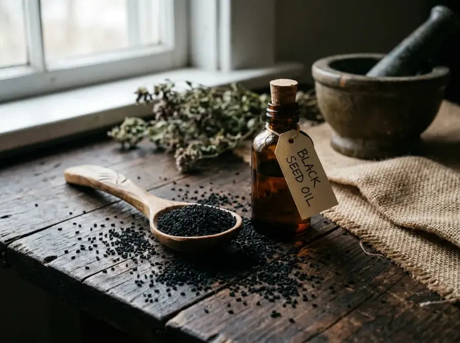 Bottle of black seed oil beside a spoon of black seeds on a rustic wooden table