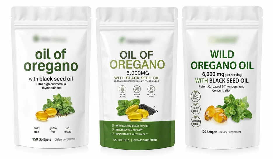 Three competitor oil of oregano pouches with unreadable labels