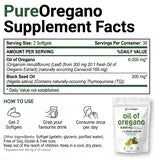 Supplement Facts panel for PureOregano™ Oil Of Oregano — serving size, oil of oregano and black seed oil per serving, and how to take it