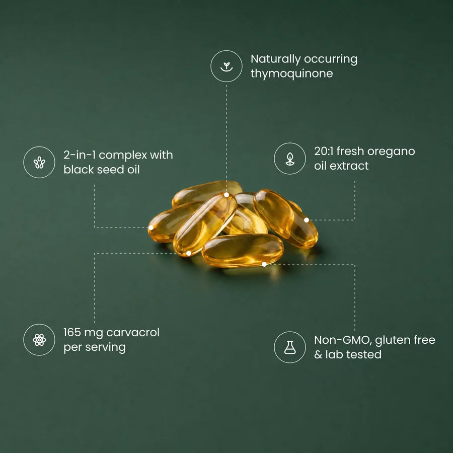 Softgels labelled with thymoquinone, black seed oil, 20:1 oregano extract and 165 mg carvacrol