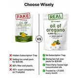 Choose wisely: a rival oil of oregano pouch marked fake beside Pure Oregano marked real, with the reasons listed under each
