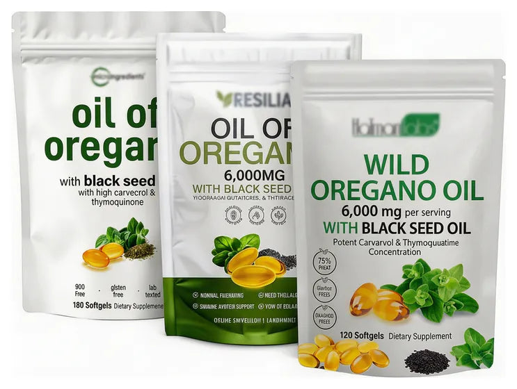 Three competitor oil of oregano pouches with unreadable labels