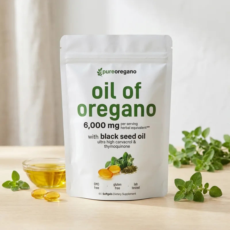 Pure Oil of Oregano supplement in natural lighting
