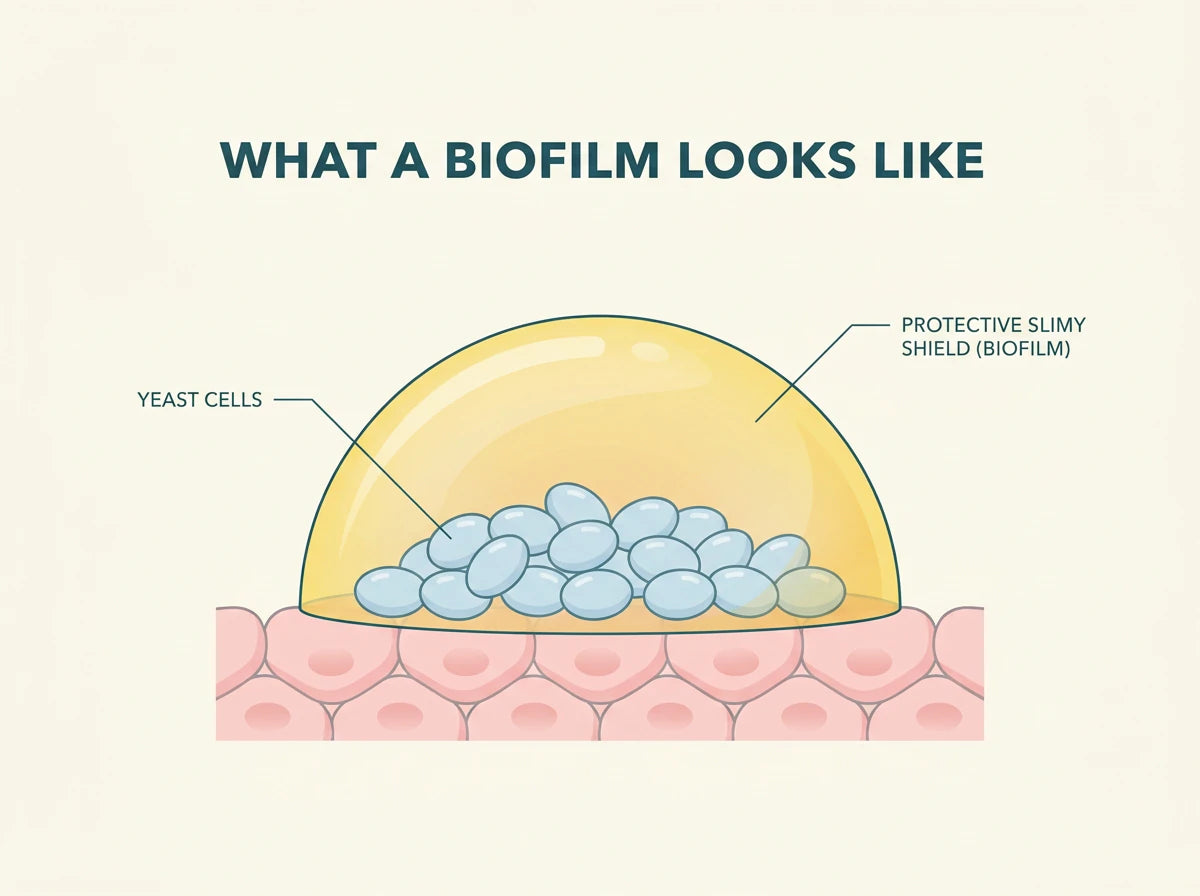 Diagram of what a biofilm looks like: yeast cells sheltering under a protective slimy shield sitting on the vaginal wall.