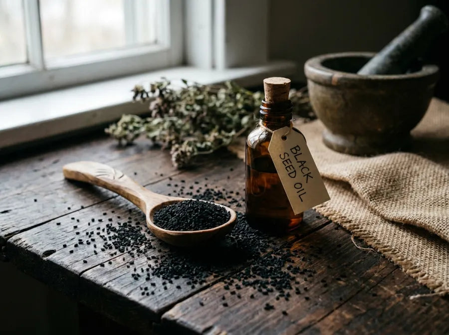 A labeled bottle of black seed oil next to a spoonful of black cumin seeds.
