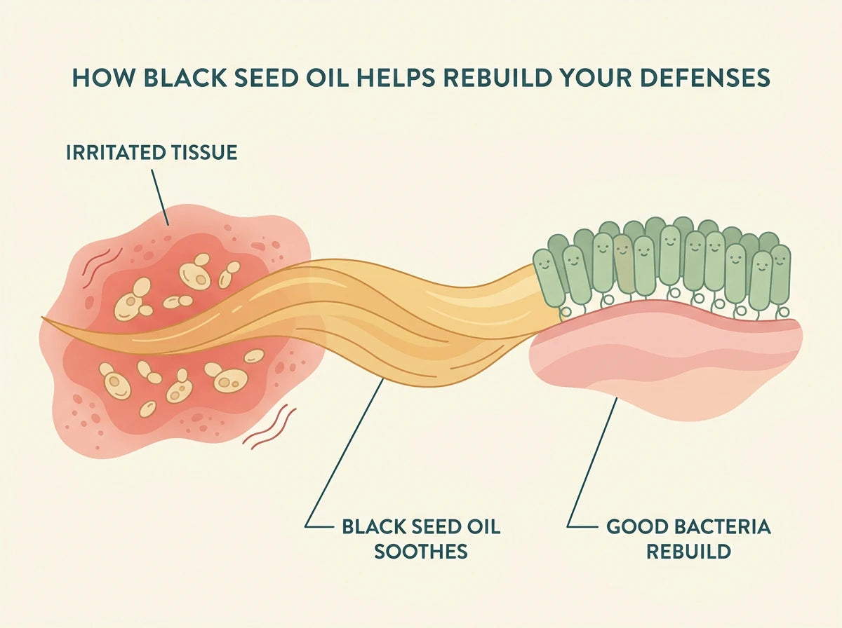 Diagram of how black seed oil helps rebuild your defenses: irritated tissue soothed by black seed oil while good bacteria rebuild the protective barrier.