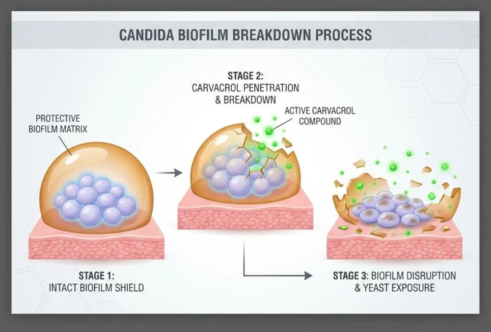 Diagram of the candida biofilm breakdown process: intact biofilm shield, carvacrol penetration and breakdown, then biofilm disruption and yeast exposure.