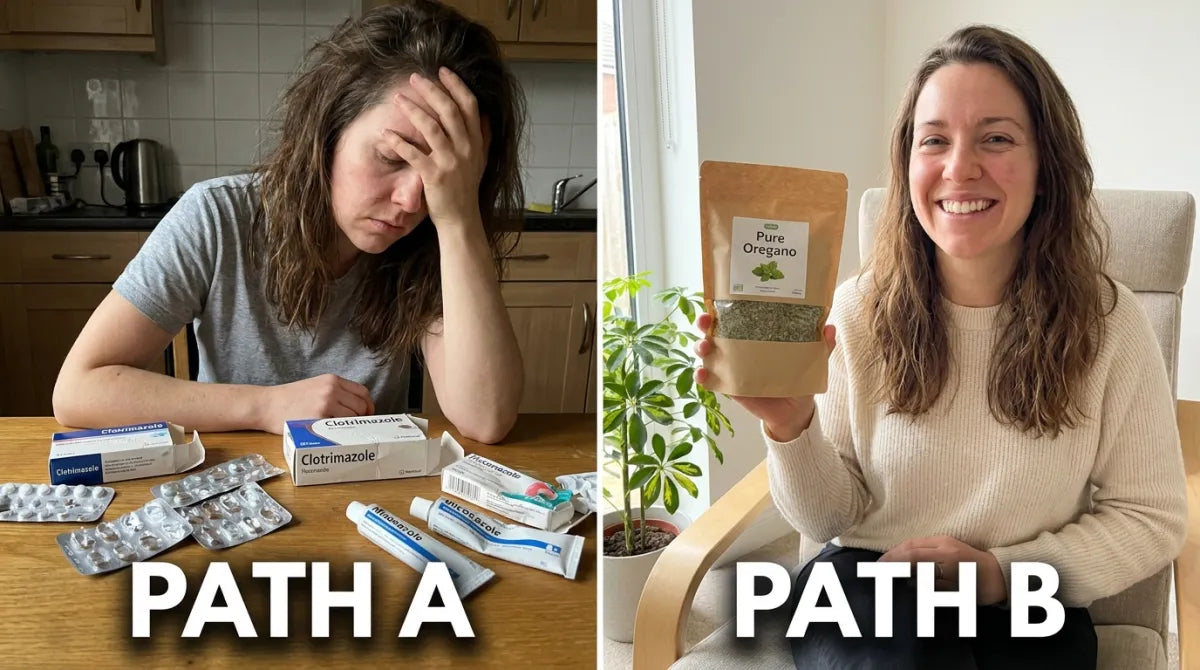 Path A: a frustrated woman surrounded by antifungal medications. Path B: a smiling woman holding her Pure Oregano bag.