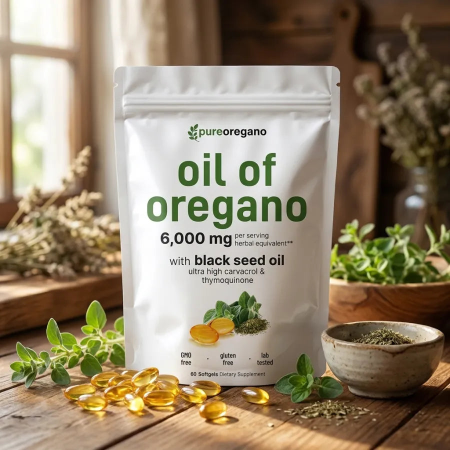 Pure Oregano oil of oregano with black seed oil softgels, 6,000mg, 60 softgels.