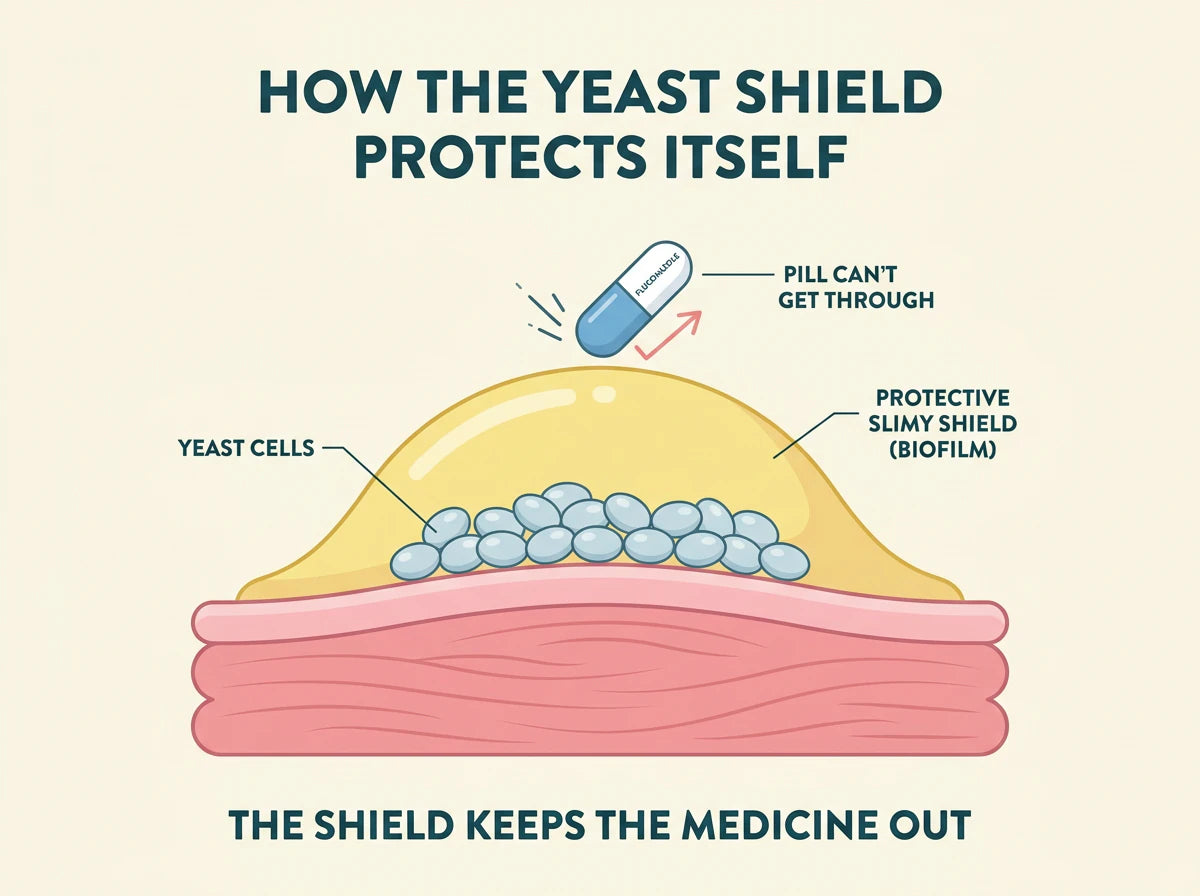 Diagram of how the yeast shield protects itself: a fluconazole pill bouncing off the protective biofilm shield, unable to reach the yeast cells underneath.