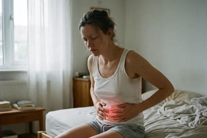 A woman sitting on the edge of her bed, holding her abdomen in discomfort.