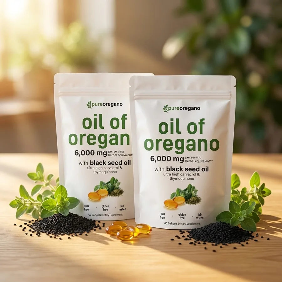 Two pouches of Pure Oregano oil of oregano with black seed oil softgels side by side — the Buy One, Get One Free bundle.